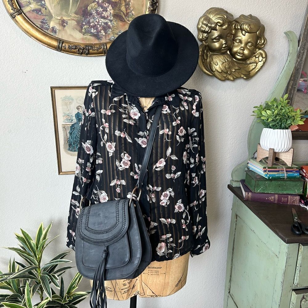 I Joah Black Pink Stripe Sheer Rose Floral Button Up Blouse Sz‎ L Trendy